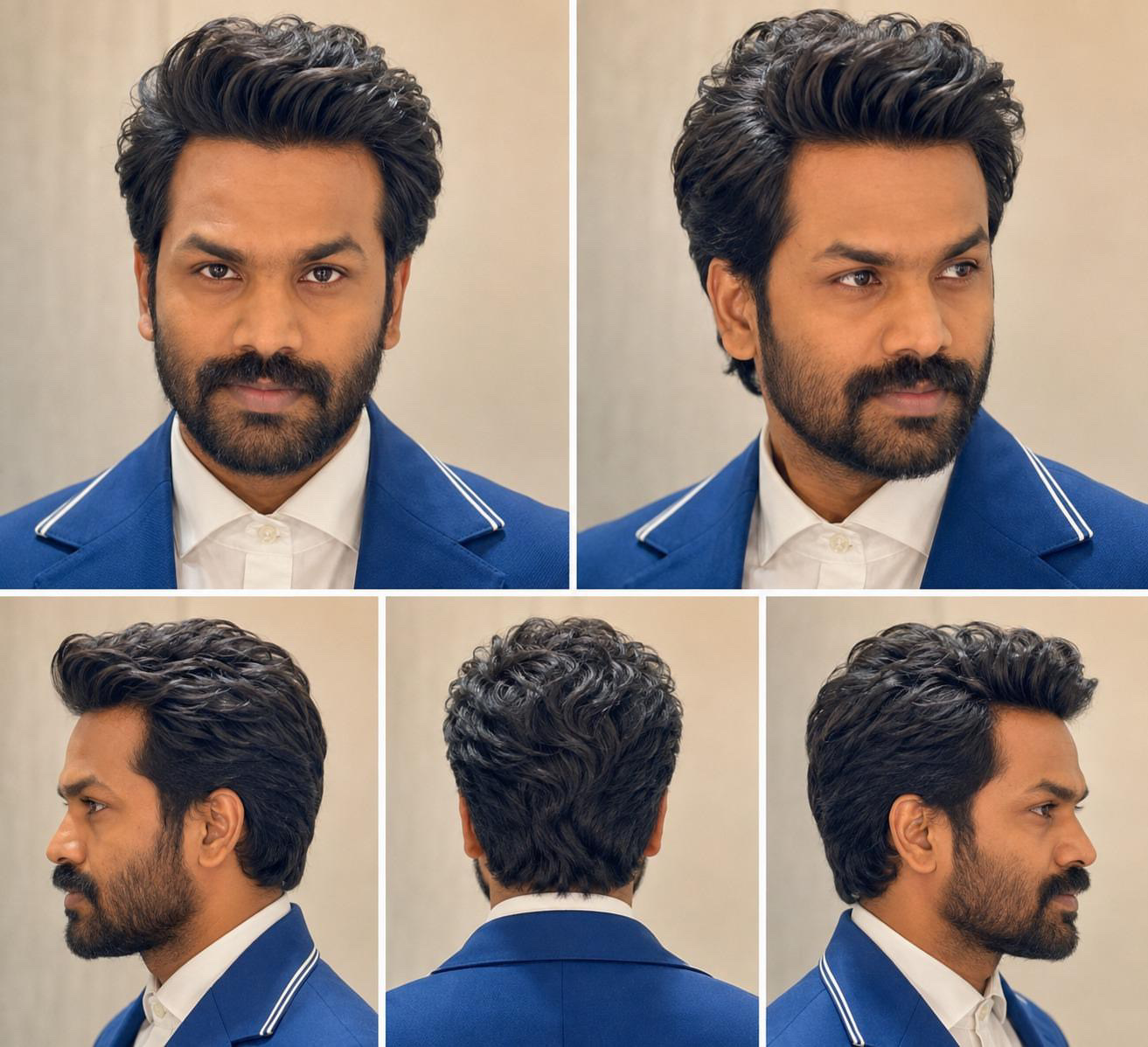 Casting look book of Sunkara Arjun from five angles in a blue blazer